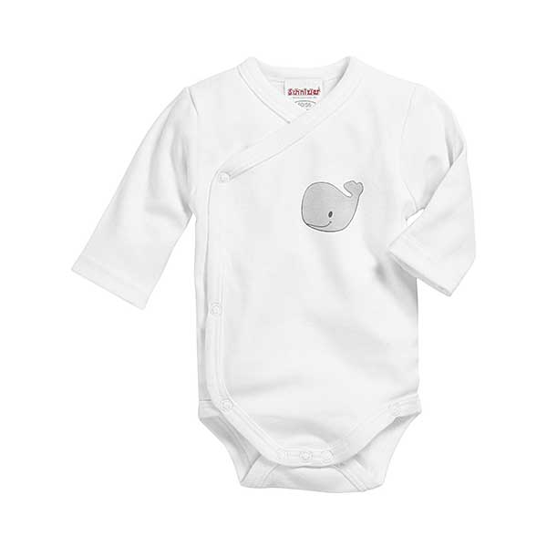 Een leuke set van 2 overslagrompetjes in de kleuren wit & donkerblauw. Het witte romper heeft een print van een walvis en de blauwe heeft witte strepen.