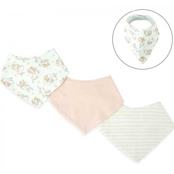 Een bandana slab beschermt de kleertjes van je kindje tegen kwijlen gedurende de dag. Deze leuke set met slabben bestaat uit 3 verschillende designs: 1x effen, 1x streepjes & 1x konijntjes.