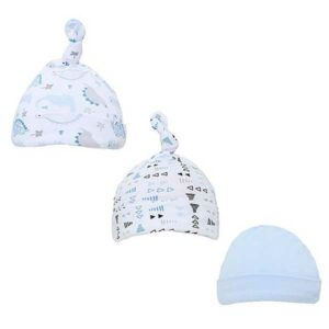 Soft Touch baby mutsjes jongens Dinootjes 3 stuks - dinootjes, driehoekjes & strepenprint wit/blauw - maat 56/74