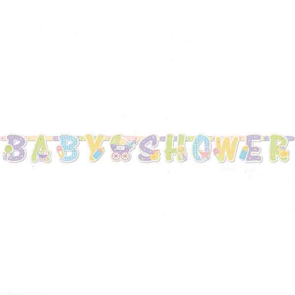 Een leuke fleurige babyshower slinger met de tekst 'Babyshower'. De slinger is gemaakt in verschillende kleuren.