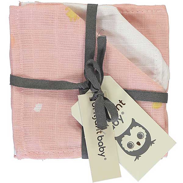 De hydrofiele monddoekjes Sunny Pink van het merk Briljant Baby zijn erg zacht. Set bestaat uit 2 verschillende soorten monddoekjes: 2x roze met witte/gele stippen, 1x wit met roze/gele stippen.