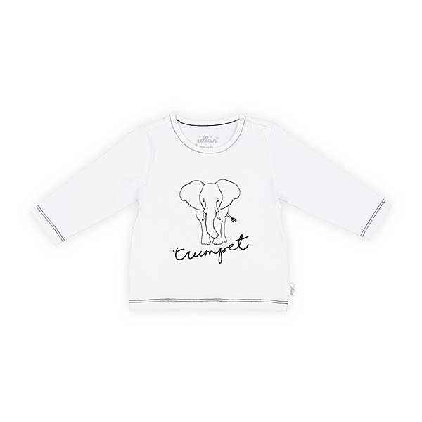 Stoer shirtje met lange mouw in de kleur wit met leuke printopdruk van een olifant. Het shirtje komt uit de collectie Safari Black/White van Jollein. Gmaakt van biologisch katoen. 