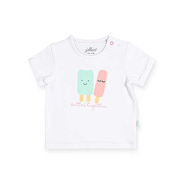 Dit witte t-shirtje met korte mouw is leuk voor in de zomer of in de lente met een vestje erover. Het t-shirtje met leuke opdruk van een vrolijke ijsjes in zachte kleuren en is goed te combineren met de effen broekjes uit de Jollein kledingcollectie. In de schouder van het t-shirtje zitten handige drukknoopjes zodat omkleden lekker makkelijk gaat.