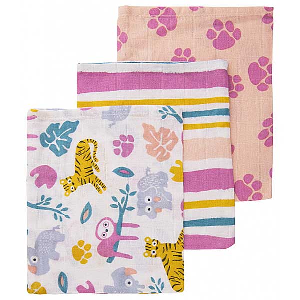 De hydrofiele washandjes Jungle Dusk Pink van het merk Briljant Baby zijn erg zacht. Set bestaat uit 3 verschillende soorten washandjes: 1x wit met strepen, 1x wit met luiaards & 1x roze met pootafdrukjes.