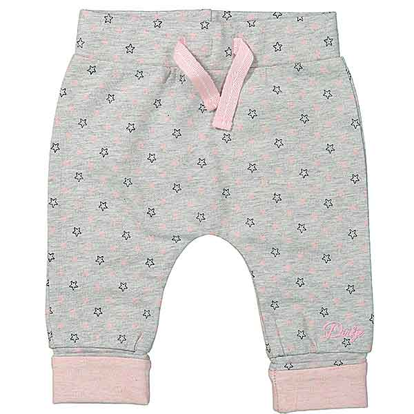 Een leuk grijs broekje met grijze & roze sterren uit de collectie Stars van Dirkje Babywear. Broeksband is elastisch en in dezelfde stof als het broekje met een roze koordje. Boorden pijpjes zijn roze. 