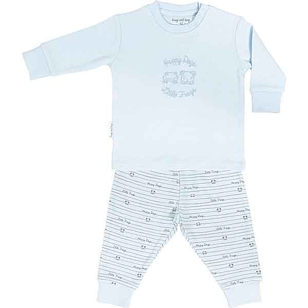 Een leuke blauwe pyjama met print op het broekje en borduursel op het shirtje, van het merk Frogs and Dogs uit de collectie Happy Dogs & Little Frogs.