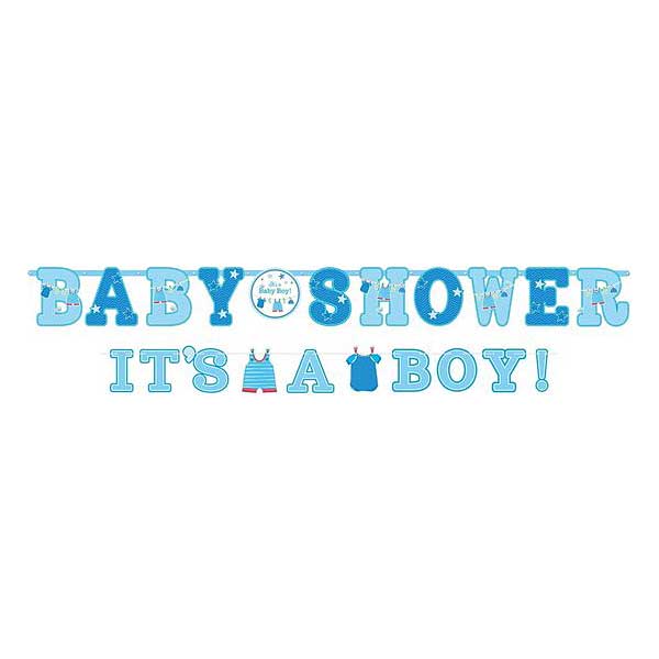 Met deze leuke set kan je de babyshower gezellig aankleden. De set bestaat uit 2 slingers met de teksten Baby Shower & It's a Boy in de kleur blauw.