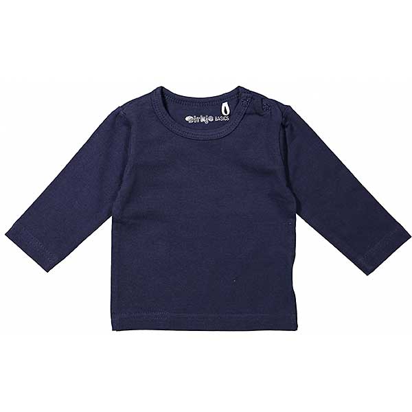 Een mooi basics t-shirt in een donkerblauw kleur uit de collectie Dirkje Babywear. Het shirtje heeft lange mouwen en de kleine maatjes hebben drukkers op de schouder.