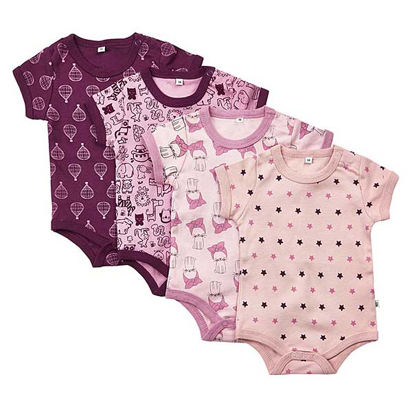 Leuke set van 4 verschillende rompers met korte mouw van het merk Pippi. De rompers worden geleverd in de kleuren lila, paars, lichtroze & roze. Gemaakt van biologische katoen.