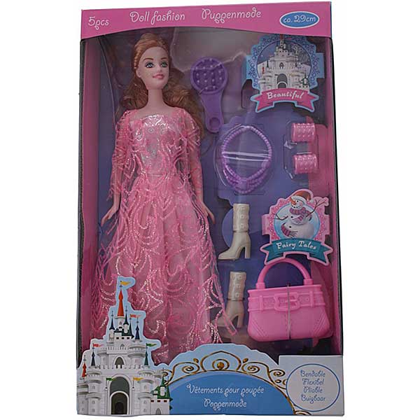 Deze leuke tienerpop heeft rozig haar en een mooi roze jurk met kant. In de verpakking zitten ook allerlei leuke accessoires. Hiermee kan je veel speelplezier hebben.