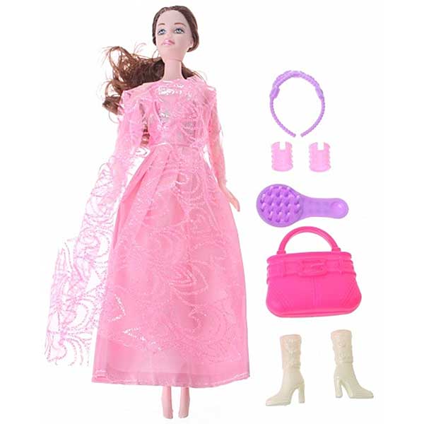 Deze leuke tienerpop heeft bruin haar en een mooi roze jurk met kant. In de verpakking zitten ook allerlei leuke accessoires.