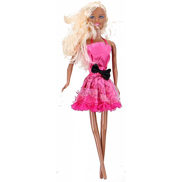 Kids Fun tienerpop Brigitte Blondine in roze jurk met lange blonde haren van 30 cm voor fantasierijk speelplezier