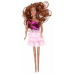 Kids Fun tienerpop Brigitte meisjespop van 30 cm met bruine krullen, roze jurk en fantasierijke uitstraling voor creatief speelplezier