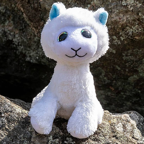 Knuffel Lama Camille van Lumo Stars in wit en blauw met grote glanzende ogen en zachte pluche vacht