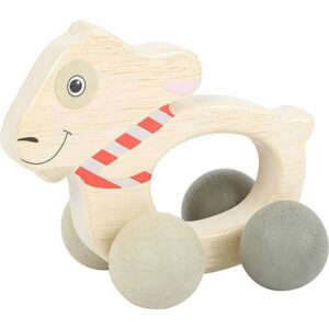 Dit schattige geitje - grijpspeelgoed kan niet alleen worden vastgegrepen maar kan ook rond gerold worden op zijn stabiele wielen. Ludwig het geitje is afgebeeld op dit grijpspeelgoed.