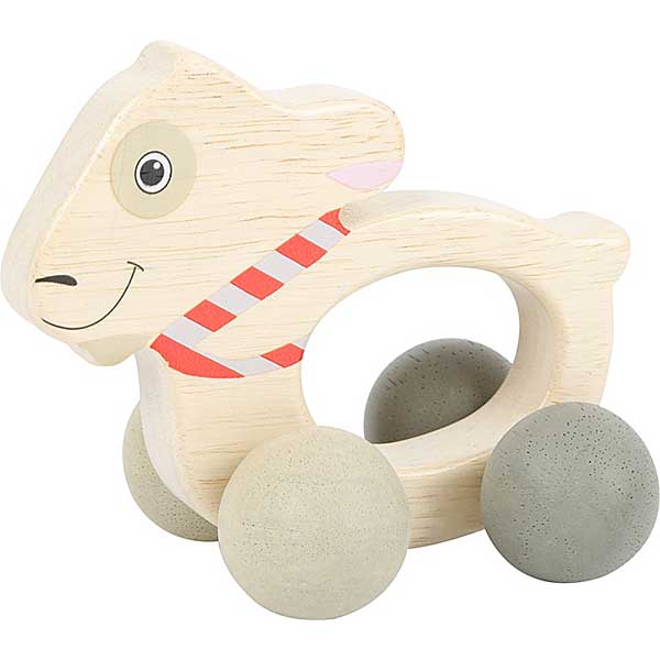 Dit schattige geitje - grijpspeelgoed kan niet alleen worden vastgegrepen maar kan ook rond gerold worden op zijn stabiele wielen. Ludwig het geitje is afgebeeld op dit grijpspeelgoed.