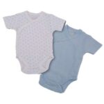 Mooie set overslagrompertjes met korte mouwen uit de kledingcollectie van Gamberritos. Effen blauw en wit met blauwe stippen.