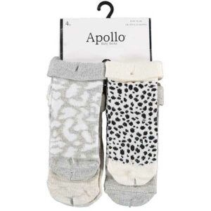 Schattige sokjes voor de voetjes van je baby. Set bestaat uit 1x grijs sokjes met tekst, 1x beige met panterprint, 1x grijs met tijgerprint & 1x beige met het hoofd van een hondje.
