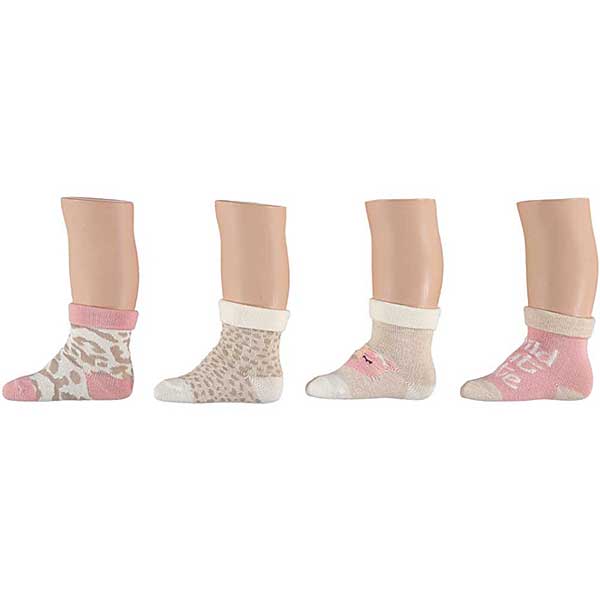 Schattige sokjes voor de voetjes van je baby. Set bestaat uit 1x roze sokjes met tekst, 1x beige met panterprint, 1x gebroken wit met tijgerprint & 1x beige met het hoofd van een hondje.