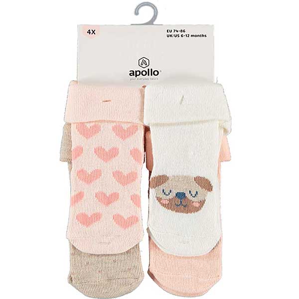 Schattige sokjes voor de voetjes van je baby. Set bestaat uit 1x roze sokjes met hartjes, 1x gebroken wit met hoofd van een hondje, 1x beige met stippen en roze hart & 1x roze met het hoofd van een haasje.