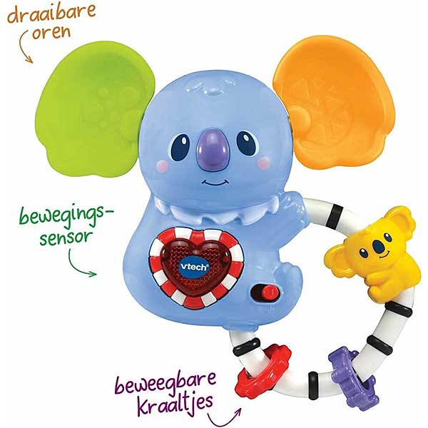Schud, waggel en leer met mij! Deze lieve koala met een interactieve toets laat kleintjes kennismaken met vormen, licht, gezongen liedjes, geluiden en zinnetjes. Verder dient het handvat als een bijtring. Het draaien van de oren draagt bij aan de ontwikkeling van de motoriek.