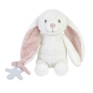 Een lief knuffeltje wit konijntje van het merk BamBam met roze oren in een giftbox. Aan een van de oren kan je een speentje knopen. Er zit nu een kartonnen speen. Deze verwijderen voordat je het aan je kindje geeft. 