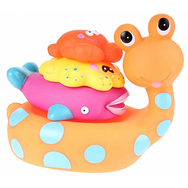 Super leuke oranje badslak met heeft leuke blauwe stippen. Hij komt samen met 3 vrolijk gekleurde vriendjes, namelijk de walvis, zee-egel & krab.