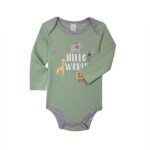 Een leuk groen rompertje met de tekst Hello World in het wit en daarbij een print van een olifant, giraffe, koala en leeuw. De hals en boordjes van de pijpjes zijn afgezet met grijze bies.