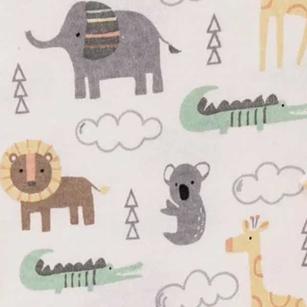 Een leuke ecru kleurige rompertje met de bedrukking van verschillende dieren zoals een olifant, koala, krokodil en leeuw. De hals en pijpjes zijn afgezet met grijze bies. Gemaakt van katoen.