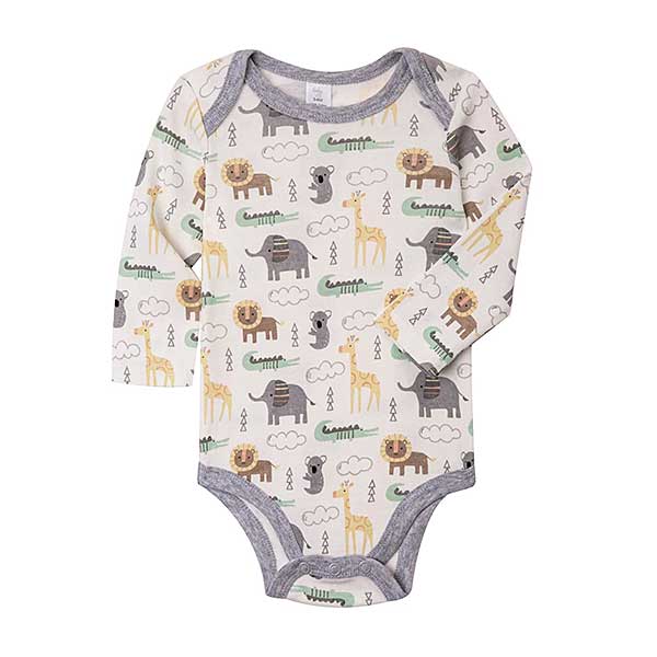 Een leuke ecru kleurige rompertje met de bedrukking van verschillende dieren zoals een olifant, koala, krokodil en leeuw. De hals en pijpjes zijn afgezet met grijze bies. Gemaakt van katoen.