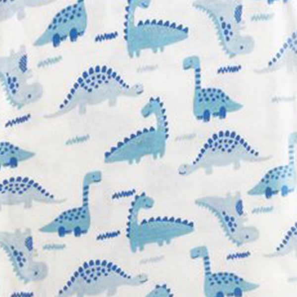 Een leuk witte rompertje met dinoprint in verschillende kleuren blauw. Het halsje en de randen van de pijpjes zijn afgezet met een grijze bies. Gemaakt van 100% katoen.