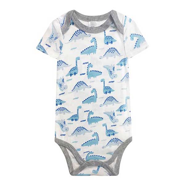 Een leuk witte rompertje met dinoprint in verschillende kleuren blauw. Het halsje en de randen van de pijpjes zijn afgezet met een grijze bies. Gemaakt van 100% katoen.