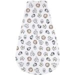 Een mooi ronde slaapzak in de maat 86. Witte ondergrond met diverse dierenhoofden. De slaapzak bestaat uit 1 laag gemaakt van 100% zacht katoen en is hierdoor perfect voor de warmere zomerdagen en -nachten. Het katoen ademt goed, heeft een goede vochtregulatie, houdt je kleintje op de juiste temperatuur en zorgt er zo voor dat het zomers niet te warm wordt.