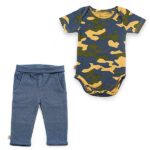Een leuk rompertje met een camouflage print van het merk Frogs and Dogs uit de collectie Fearless. In de kleuren okergeel, legergroen en donkerblauw.