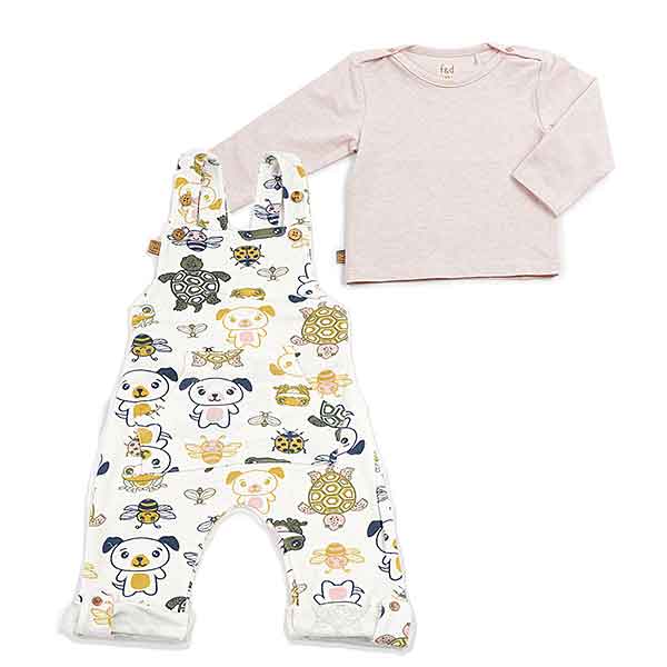 Heerlijk zacht en uiterst comfortabel tuinbroekje in de kleur ecru met een leuke print van verschillende dieren uit de collectie van Frogs and Dogs.