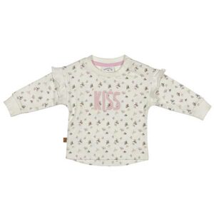 Een lieve shirtje Kiss uit de collectie Winter Flower van Frogs and Dogs met de tekst Kiss, geborduurd in de kleur roze en schattige winterbloemetjes.