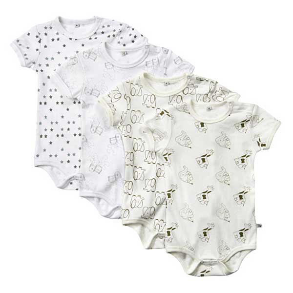 Een leuke set van 4 rompers met korte mouw van het merk Pippi. De rompertjes zijn in de kleuren wit, ecru & grijs met verschillende prints. Gemaakt van biologische katoen.