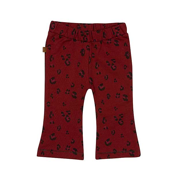 Een aubergine kleurig broekje uit de Wild About You collectie van Frogs and Dogs - Flair Pants. Dit leuke broekje heeft wijd uitlopende pijpen en een leuke panterprint in de kleur zwart.