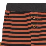 Een gestreept broekje in de kleuren bruin en zwart uit de Dino Park collectie van Frogs and Dogs. Een stoer broekje aan de zijkant 2 zakjes en een elastische broeksband.