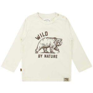 Een stoer shirtje in de kleur creme uit de collectie Friends in de Wild van Frogs and Dogs met de tekst Wild by Nature en een afbeelding van een bruine beer.