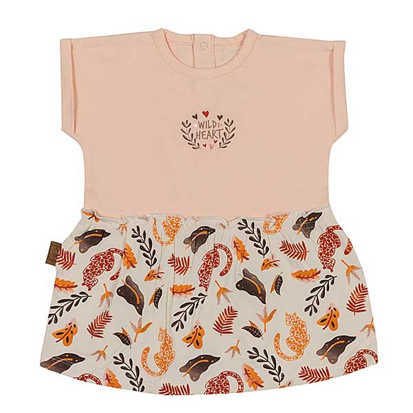 Een schattig jurkje voor jouw kleine meid uit de collectie Jungle van Frogs and Dogs. Het jurkje heeft een kleine print op de top en een bonte print aan de onderkant.
