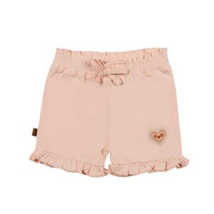 Een korte broek in de kleur roze met ruche van Frogs and Dogs uit de collectie Flower Power. Met een klein logootje op een van de pijpjes.