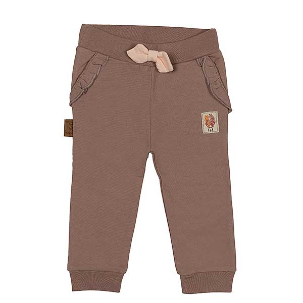 Een leuk effen joggingbroekje in de kleur taupe met een roze strik op de tailleband voor jouw kleine meid van Frogs and Dogs uit de collectie Jungle.