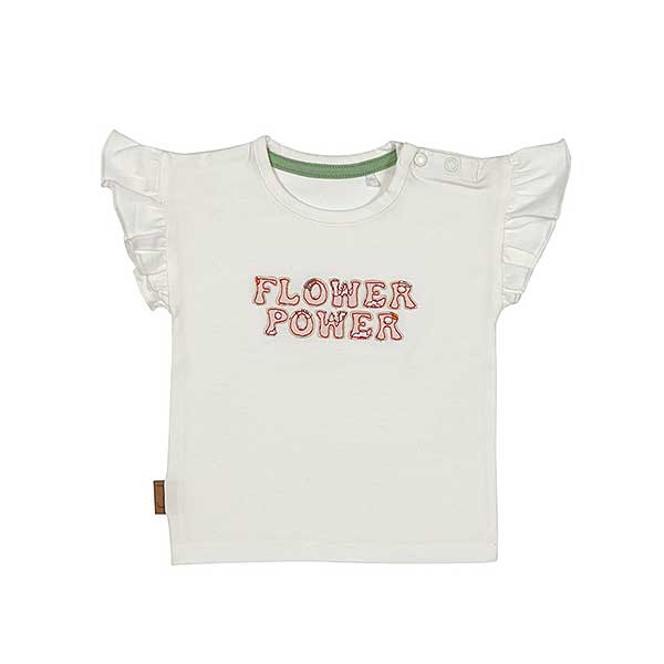 Een lieve shirtje met ruche mouwtjes uit de collectie Flower Power van Frogs and Dogs. Op het shirtje staat de tekst in genaaide letters: Flower Power.