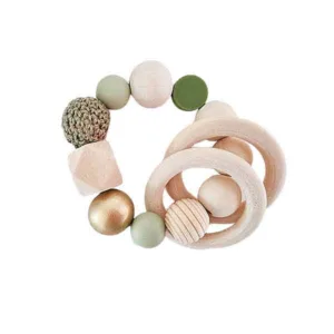 Just Cute bijtring Bren - hout & siliconen - groen/goud