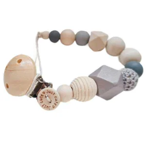 Just Cute speenkoord Puck - hout/siliconen - grijs/wit