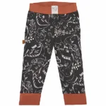 Een leuk broekje met zwarte ondergrond en witte dino print uit de Dino Park collectie van Frogs and Dogs. Het broekje heeft aan de zijkant 2 zakjes en een elastische broeksband. Broeksband en boorden pijpjes zijn in het bruin.