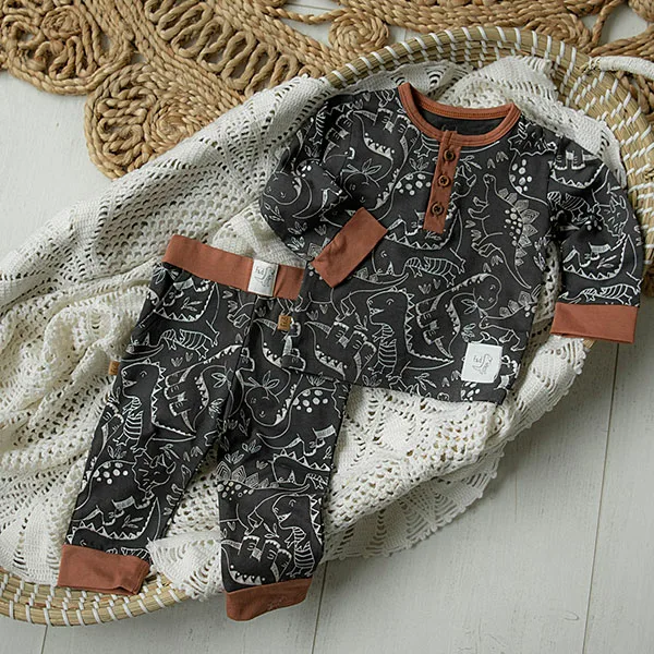Een leuk broekje met zwarte ondergrond en witte dino print uit de Dino Park collectie van Frogs and Dogs. Het broekje heeft aan de zijkant 2 zakjes en een elastische broeksband. Broeksband en boorden pijpjes zijn in het bruin.