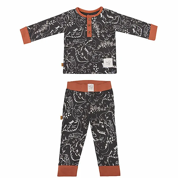 Een leuk broekje met zwarte ondergrond en witte dino print uit de Dino Park collectie van Frogs and Dogs. Het broekje heeft aan de zijkant 2 zakjes en een elastische broeksband. Broeksband en boorden pijpjes zijn in het bruin.
