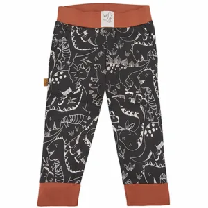 Een leuk broekje met zwarte ondergrond en witte dino print uit de Dino Park collectie van Frogs and Dogs. Het broekje heeft aan de zijkant 2 zakjes en een elastische broeksband. Broeksband en boorden pijpjes zijn in het bruin.